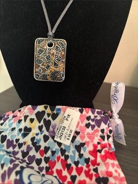 NWT BRIGHTON Leather Cord Necklace w/ Amber & Black Mosaic Pendant includes bag